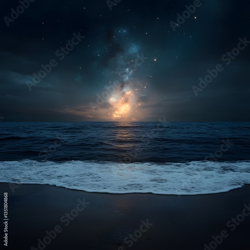 Night ocean beach, starry sky, cosmic sunrise, peaceful waves, fantasy backdrop