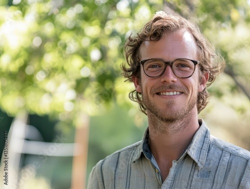 Smiling man, glasses, outdoors, light shirt, happy.