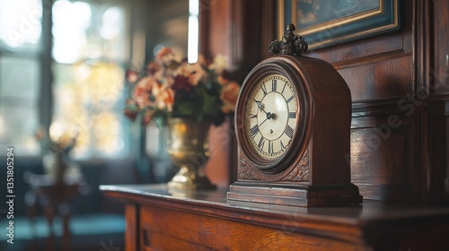 Antique clock on wooden mantelpiece, flowers in background,  home interior