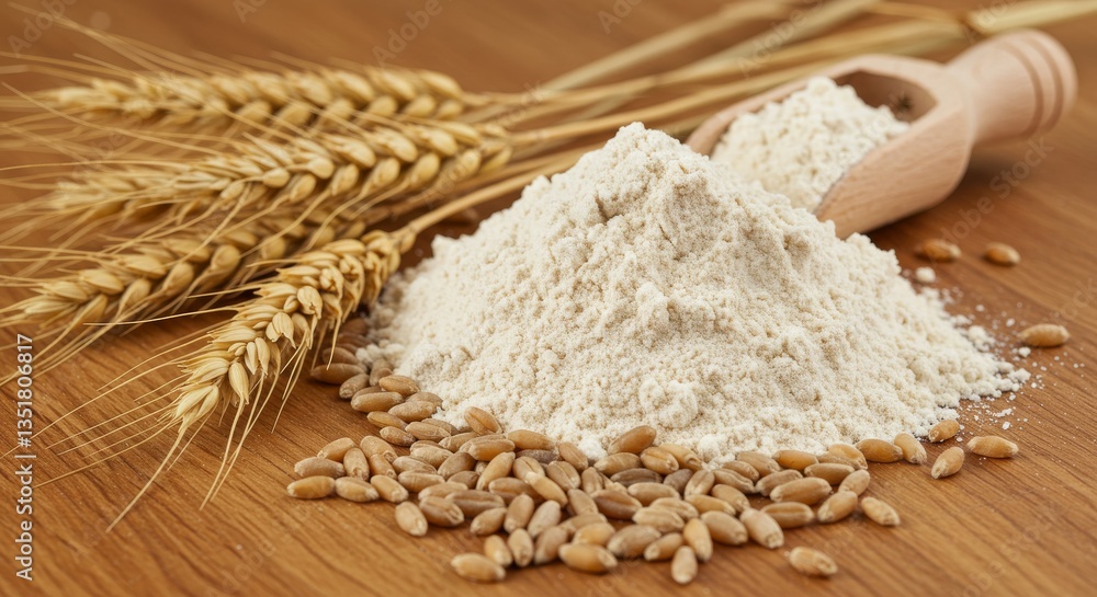 A pile of flour with wheat and grains on wood A pile of flour with wheat and grains on wood