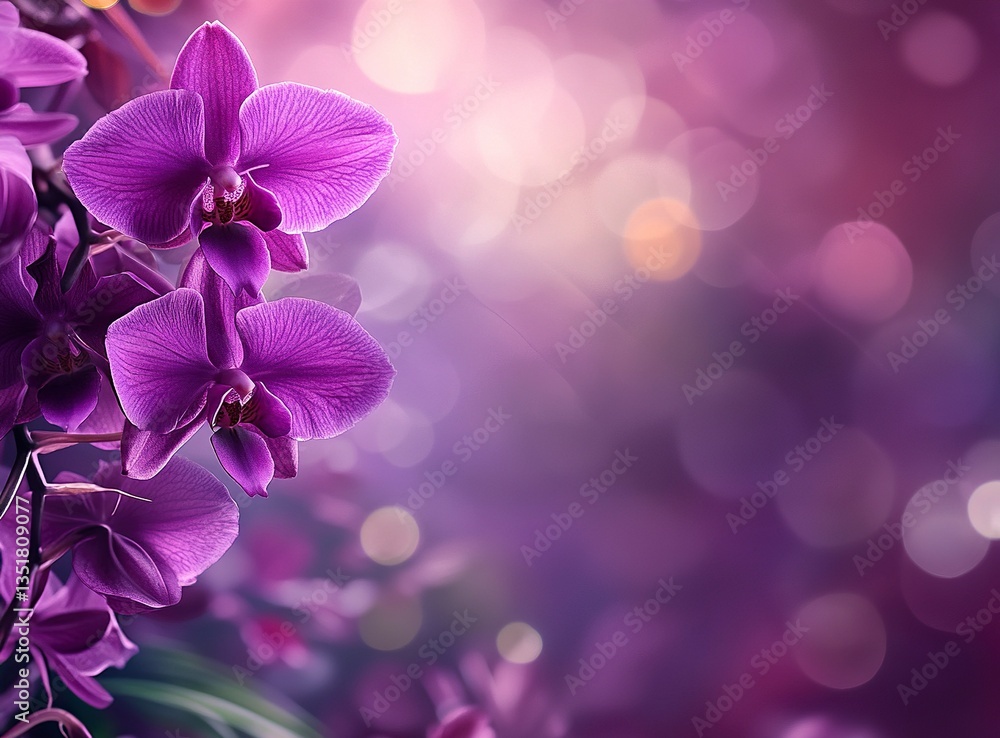 Naklejka premium Beautiful purple orchid flowers in nature, with a blurred background. Beautiful natural floral background with copy space. Springtime concept. Stock photo, photorealistic, high-resolution photography,