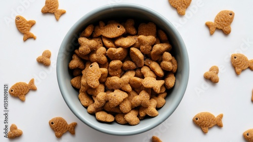 Bowl filled with Fish shaped Cat Food Biscuits Surrounded by Loose Pieces on a White Surface