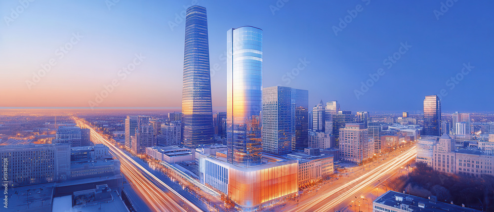 Obraz premium Modern Skyscrapers at Dusk in a Cityscape