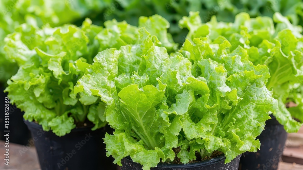 Fresh, vibrant green lettuce plants are displayed in pots, showcasing their crisp leaves and healthy growth in a garden setting. Fresh, vibrant green lettuce plants are displayed in pots, showcasing their crisp leaves and healthy growth in a garden setting.