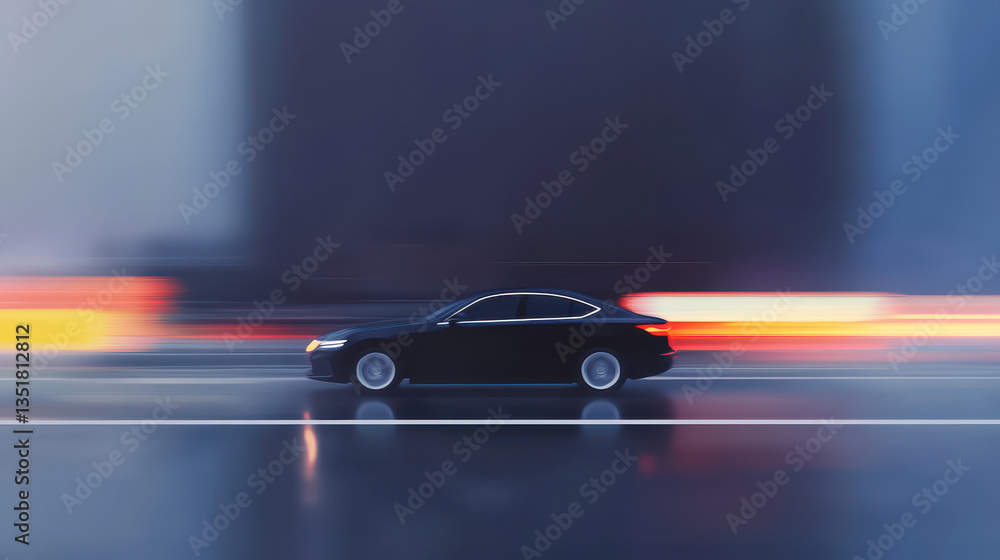 Obraz premium Black Car in Motion on a City Street