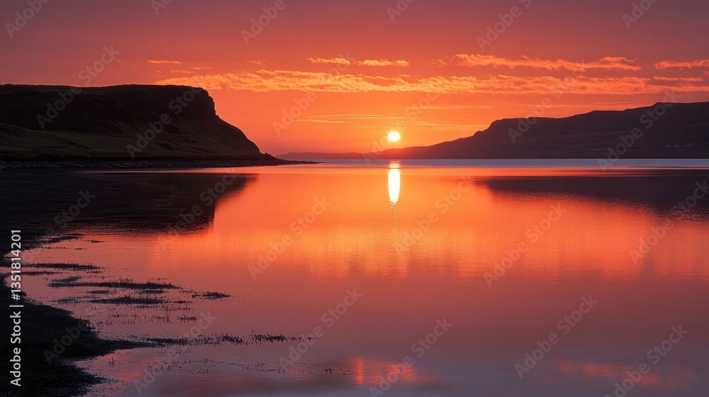 Fiery Sunset over Calm Waters and Majestic Cliffs Fiery Sunset over Calm Waters and Majestic Cliffs