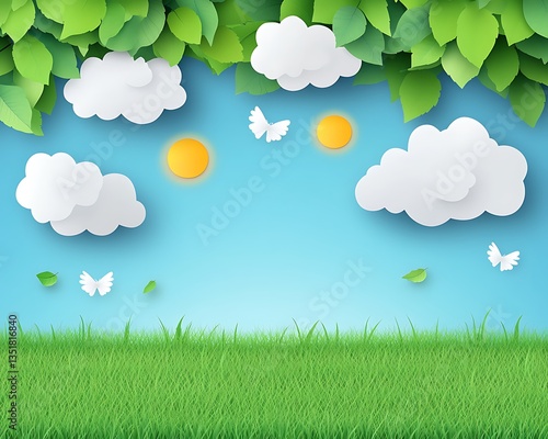 A colorful paper cutout landscape featuring grass clouds and leaves