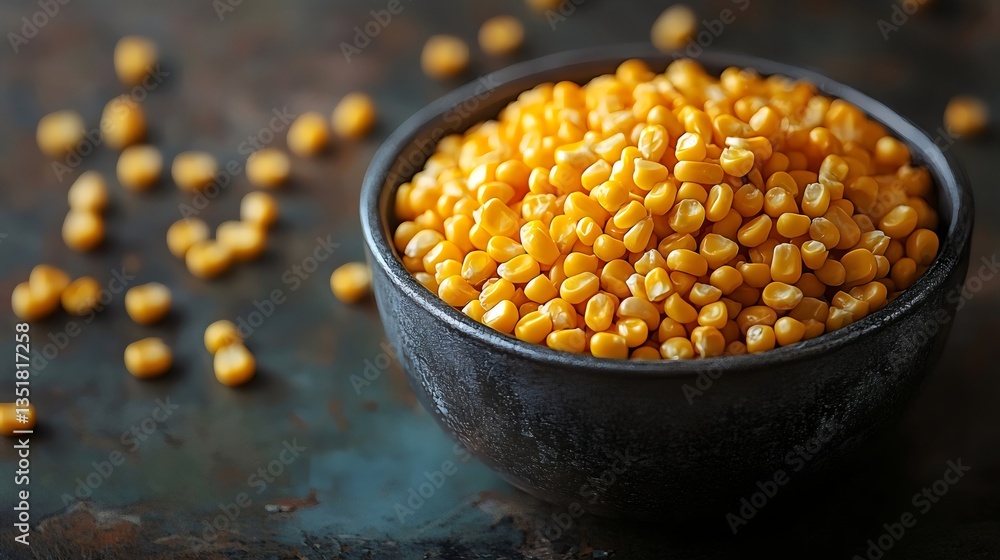 A bowl of yellow corn kernels sits on a table A bowl of yellow corn kernels sits on a table