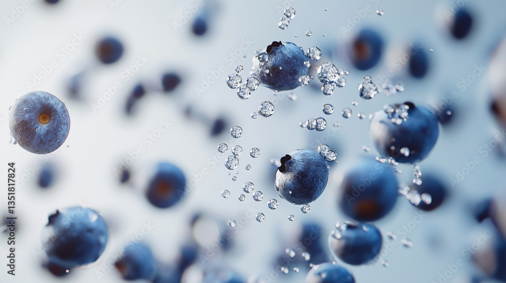 A close up view of blueberries floating with water droplets on a light blue background in soft focus A close up view of blueberries floating with water droplets on a light blue background in soft focus