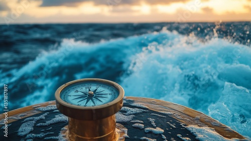 Vintage Compass on a Wooden Ship Deck Navigating Through Rough Seas at Sunset