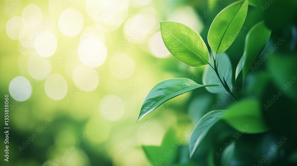 Close-up of a green leaf with a blurred nature background for a banner design. Blurred light in a spring garden landscape, with copy space and a natural concept. 8K, ultra-realistic render, Close-up of a green leaf with a blurred nature background for a banner design. Blurred light in a spring garden landscape, with copy space and a natural concept. 8K, ultra-realistic render,