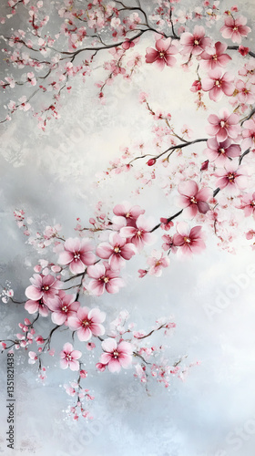 Delicate cherry blossoms gracefully blooming on soft abstract background, evoking serenity and elegance.