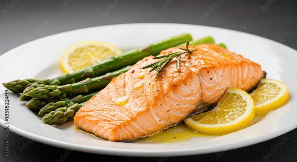 Healthy salmon fillet served with asparagus and lemon wedges Healthy salmon fillet served with asparagus and lemon wedges