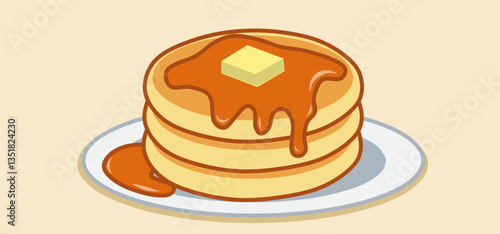 Minimalist line drawing of a cute stack of pancakes with small pat of butter and syrup drizzle on top. Perfect for fun and uplifting food designs.