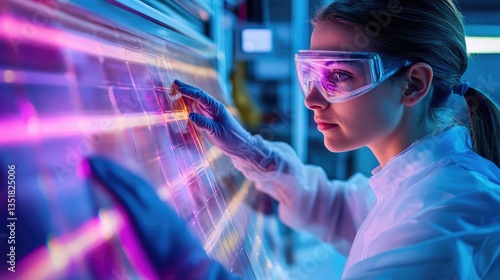 Technician inspects translucent panels in lab.