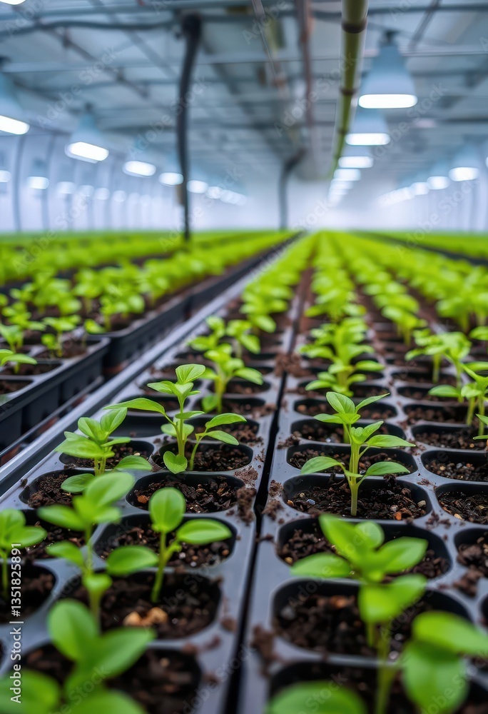 Seedlings emerging in greenhouse trays under grow lights, spring, stems Seedlings emerging in greenhouse trays under grow lights, spring, stems