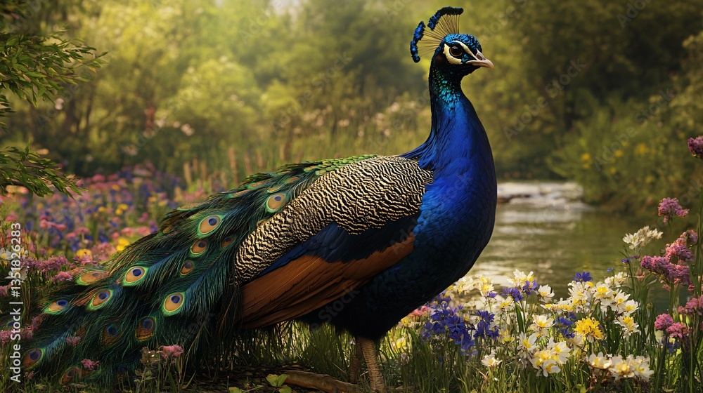 A Majestic Peacock Stands Proudly in a Beautiful Garden Scene A Majestic Peacock Stands Proudly in a Beautiful Garden Scene