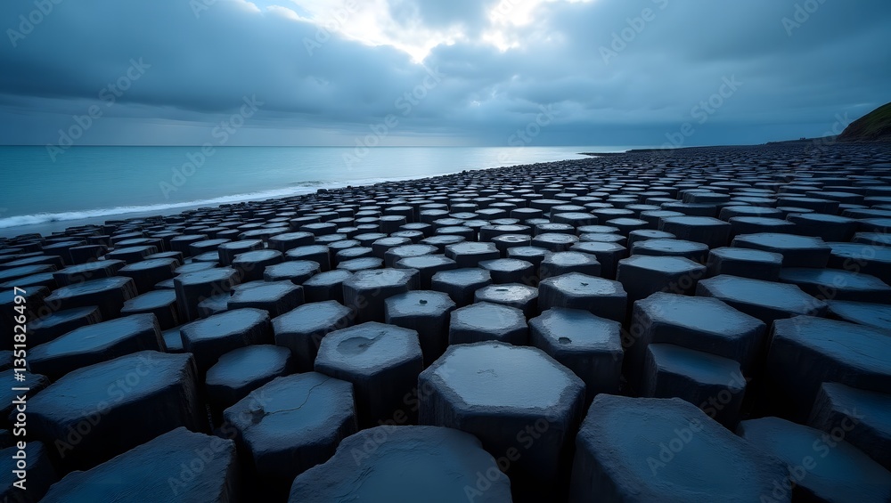 Fototapeta premium Hexagonal Basalt Columns Along Coastal Shoreline with Ocean Waves