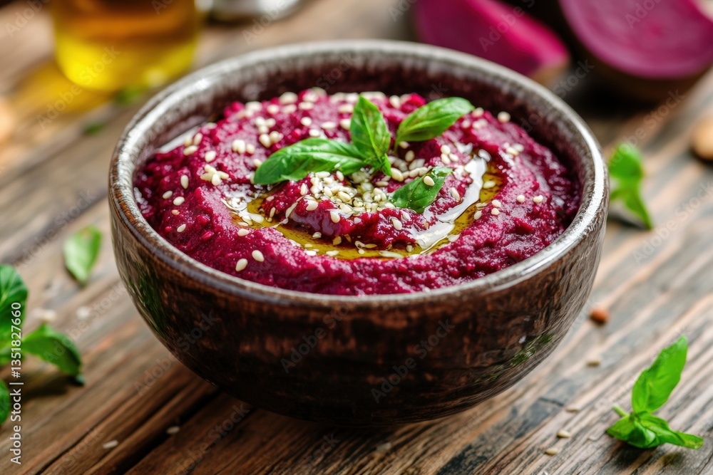 Healthy beetroot hummus garnished with sesame seeds and olive oil Generative AI Healthy beetroot hummus garnished with sesame seeds and olive oil Generative AI