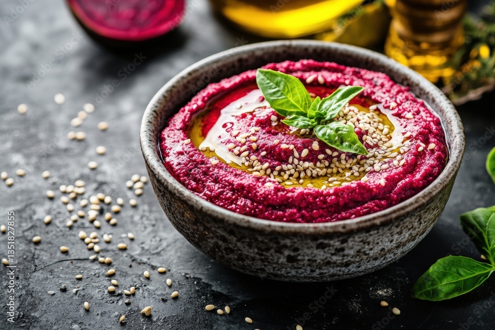 Delicious beetroot hummus garnished with sesame seeds and olive oil Generative AI Delicious beetroot hummus garnished with sesame seeds and olive oil Generative AI