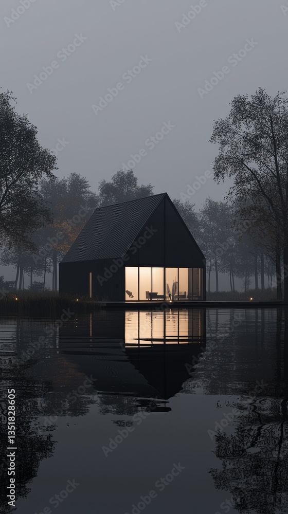 Fototapeta premium Modern cabin surrounded by tranquil water views