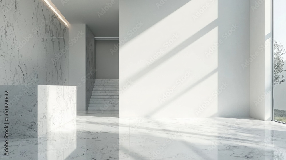 Obraz premium A modern minimalist marble reception area features sleek white walls, a staircase, large showcasing a tree, and a polished marble floor reflecting sunlight.