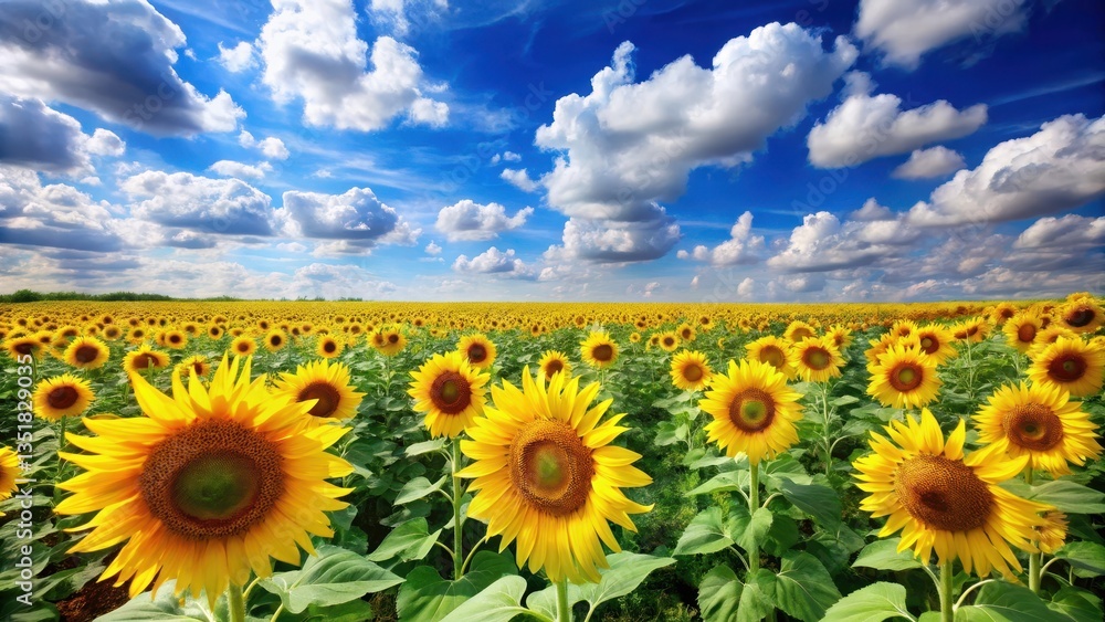 Obraz premium A sunflower field in full bloom against a bright blue sky with fluffy white clouds and green grass stretching towards the horizon , fields, landscape