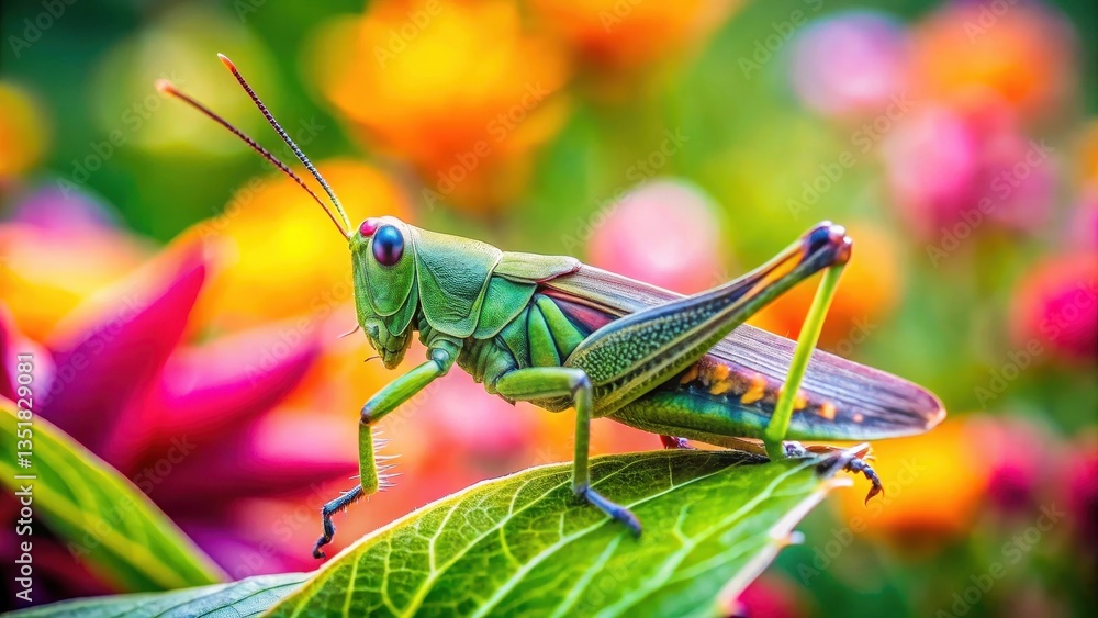 A grasshopper perches on a green leaf with a blurred background of lush foliage and vibrant flowers, green grasshopper, insect photography A grasshopper perches on a green leaf with a blurred background of lush foliage and vibrant flowers, green grasshopper, insect photography