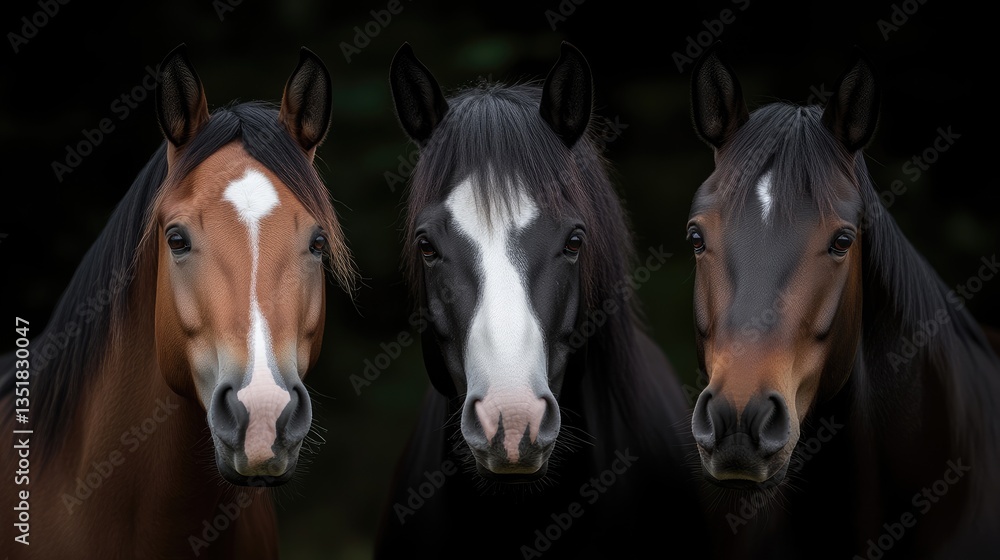 Three horses in a portrait style, facing forward, with a dark background. Each horse has a different coat color Three horses in a portrait style, facing forward, with a dark background. Each horse has a different coat color