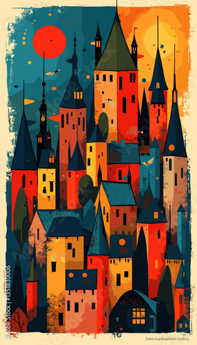 Colorful medieval cityscape with whimsical towers and vibrant houses against a sunset