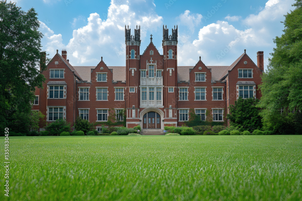 Red Brick Collegiate Building with Intricate Architectural Details Set Against a Lush Green Lawn Under Bright Sunny Sky