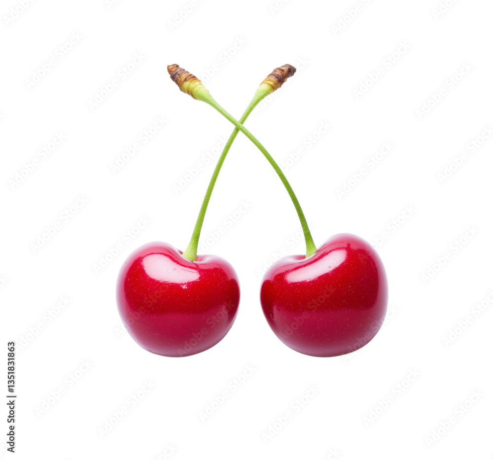 Two fresh red cherries with long green stems on Png Format and Transparent Background Two fresh red cherries with long green stems on Png Format and Transparent Background