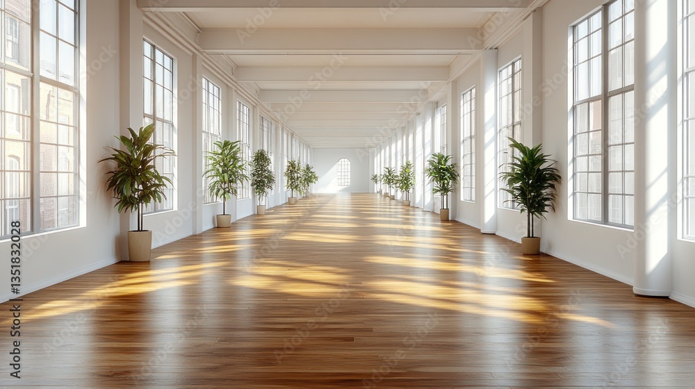 Obraz premium Sunlit Modern Hallway Interior Design: Spacious, Bright Loft with Hardwood Floors and Plants