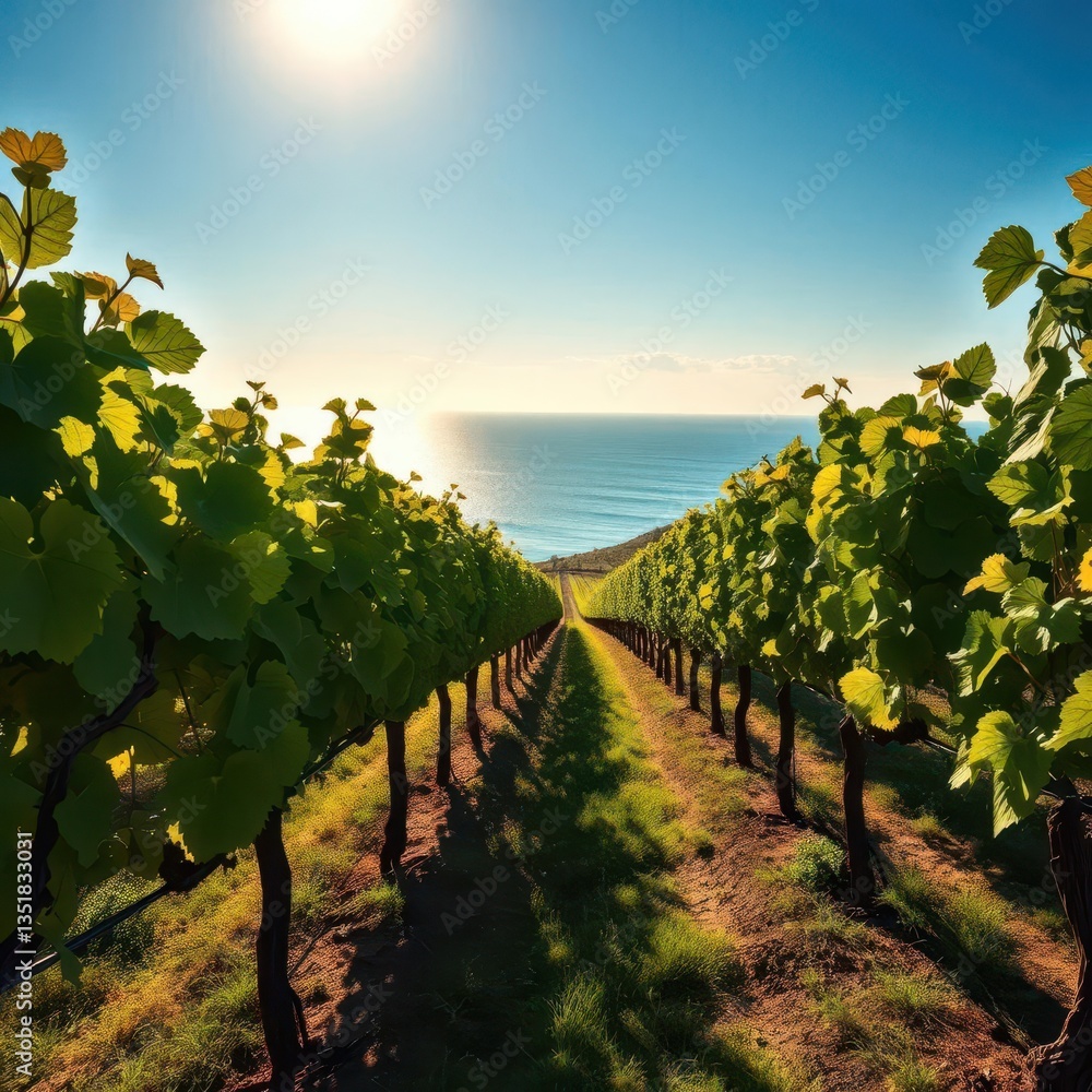 Naklejka premium Coastal vineyard with grapevines, sun-drenched rows overlooking ocean, cliff, horizon