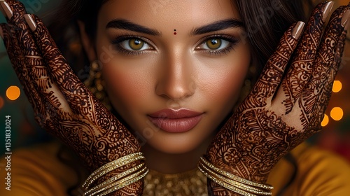 A Beautiful Portrait of a Woman with Elegant Eid Henna Design