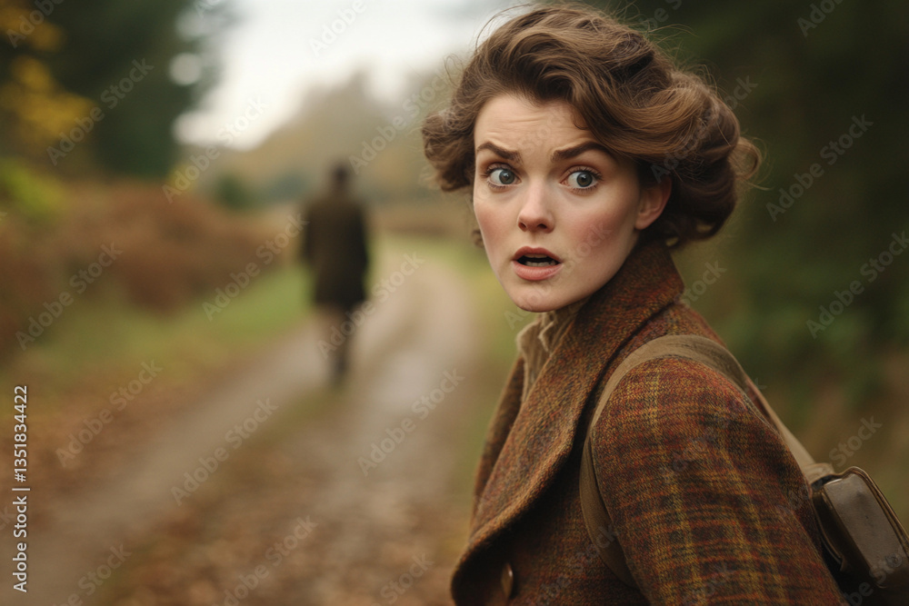 Woman turns in fear while walking along a quiet path in the woods during autumn Woman turns in fear while walking along a quiet path in the woods during autumn