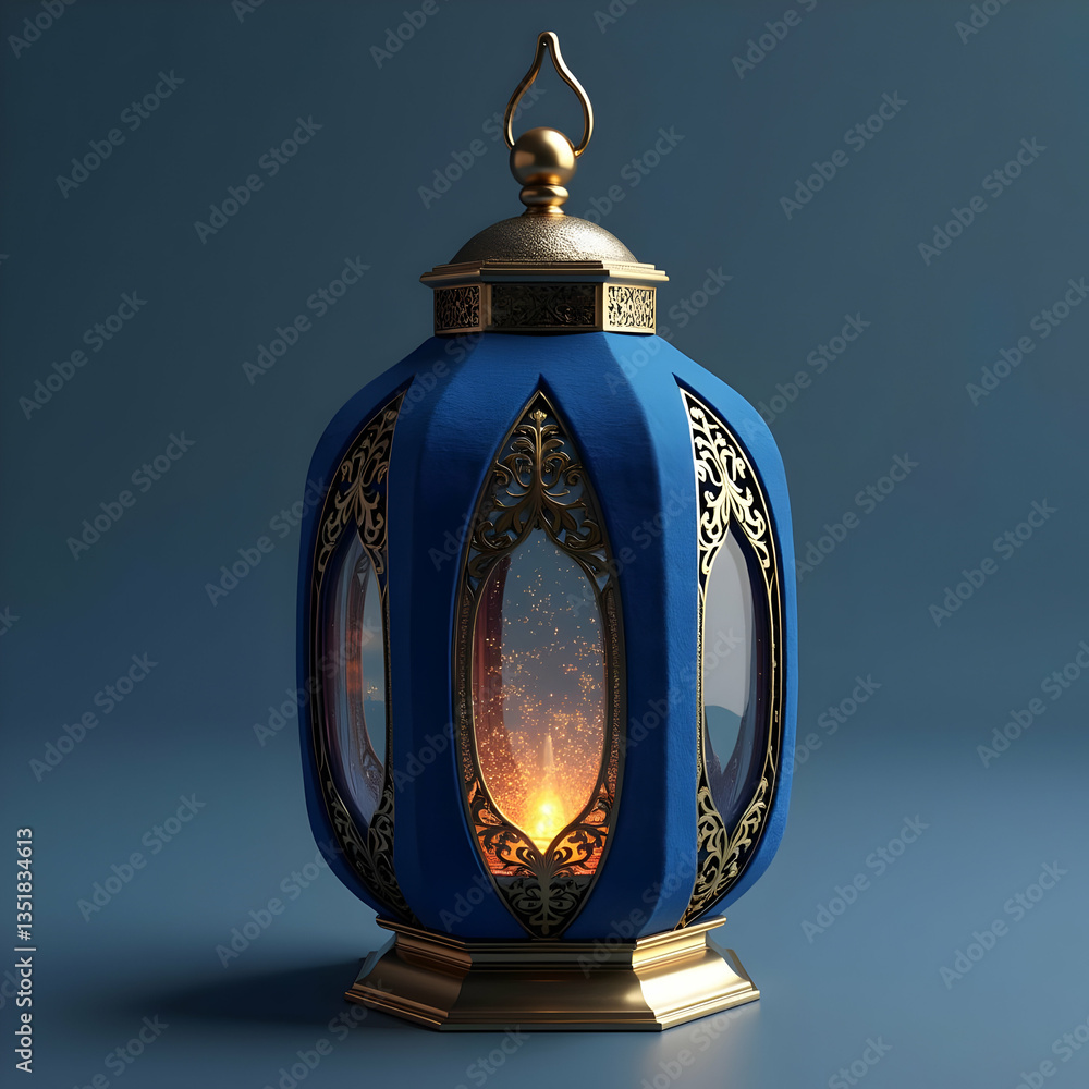 Naklejka premium Tall golden frame lantern with deep blue glass panels creating a regal and elegant decor accent 