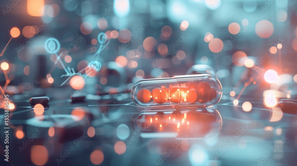 Glowing pill on reflective surface surrounded by medical symbols, representing drug reward and pharmaceutical innovation in healthcare and medicine. Glowing pill on reflective surface surrounded by medical symbols, representing drug reward and pharmaceutical innovation in healthcare and medicine.