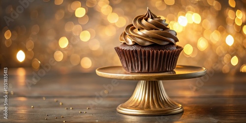 Fotografi Rich, velvety chocolate frosting covers a moist, fluffy cupcake atop a decorativ