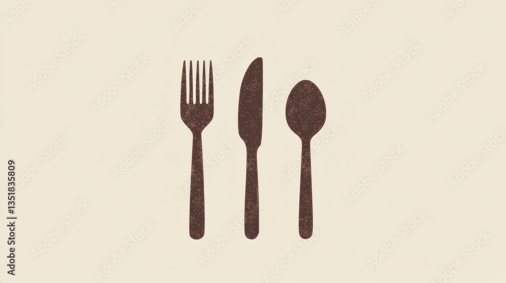 Rustic Cutlery Trio Fork Knife Spoon in Brown Against Cream Background Rustic Cutlery Trio Fork Knife Spoon in Brown Against Cream Background