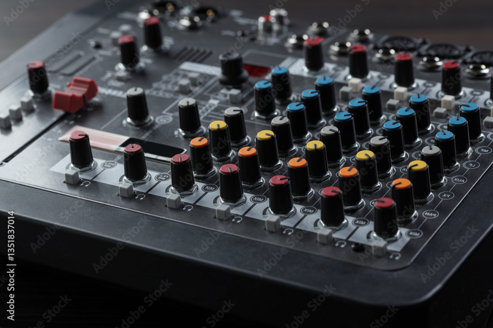 Obraz premium Professional mixing console on table, closeup. Radio studio equipment