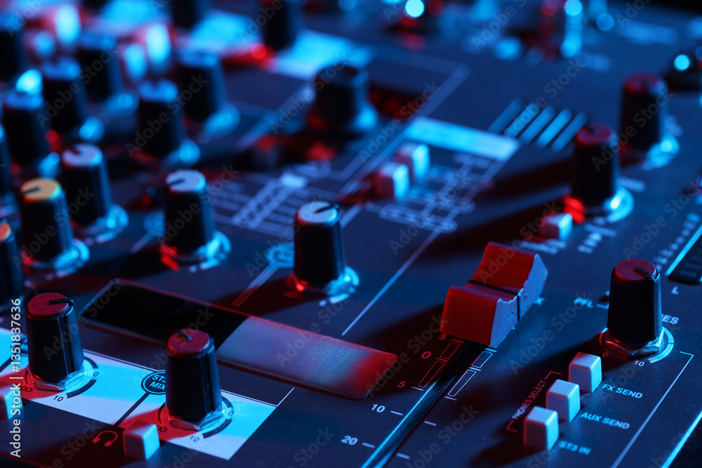Obraz premium Professional mixing console, closeup. Radio studio equipment