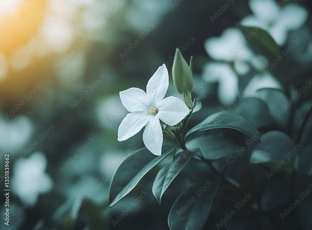 Obraz premium Close-up of a white star jasmine flower blooming in a garden with dark green leaves. Macro photography, blurred background, natural lighting, focus on the center of the flower, detailed texture 