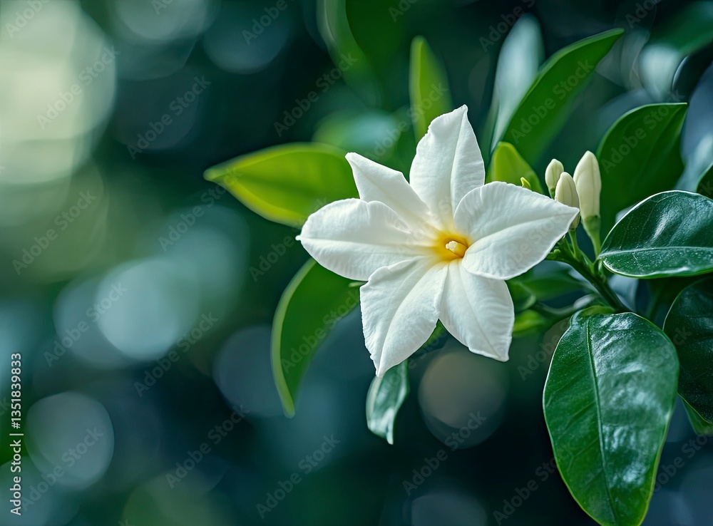 Fototapeta premium Close-up of a white star jasmine flower blooming in a garden with dark green leaves. Macro photography, blurred background, natural lighting, focus on the center of the flower, detailed texture 