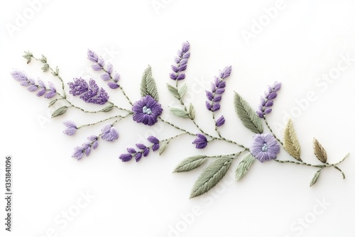 Delicate purple floral embroidery on white fabric, showcasing lavender and other flowers with green leaves.