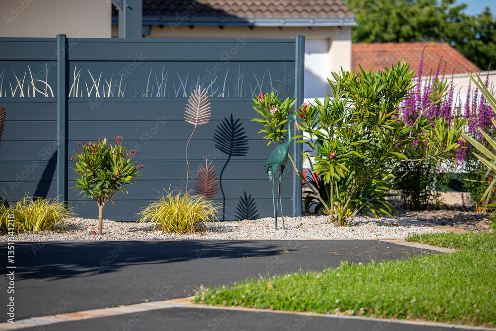 Obraz premium Charmant petit jardin paysagé avec ses fleurs et ses plantes vertes au printemps.