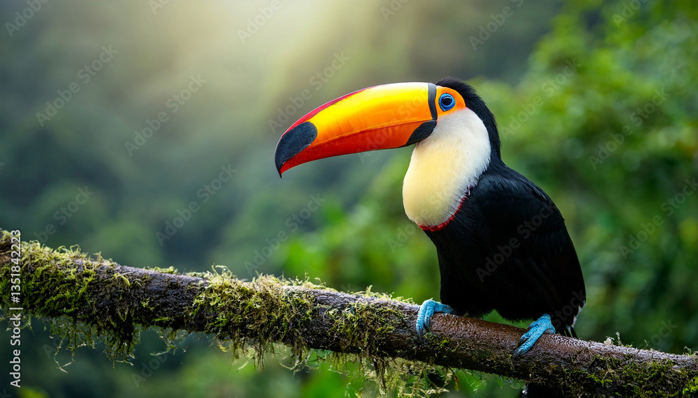 Fototapeta premium Amazing Toucan Birds with a huge beak and an exotic rainforest in the background scenery 