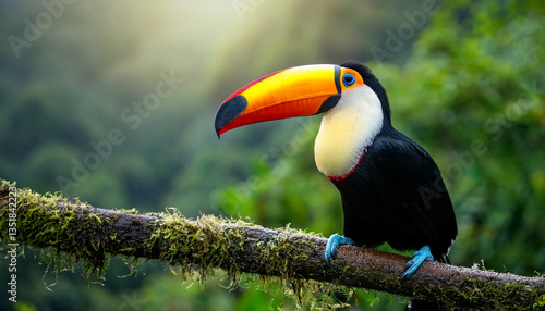 Amazing Toucan Birds with a huge beak and an exotic rainforest in the background scenery 