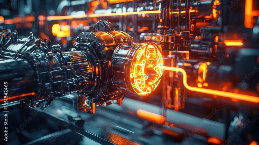 Fototapeta premium Futuristic Industrial Machinery: Glowing Orange Pipes and Metal Components