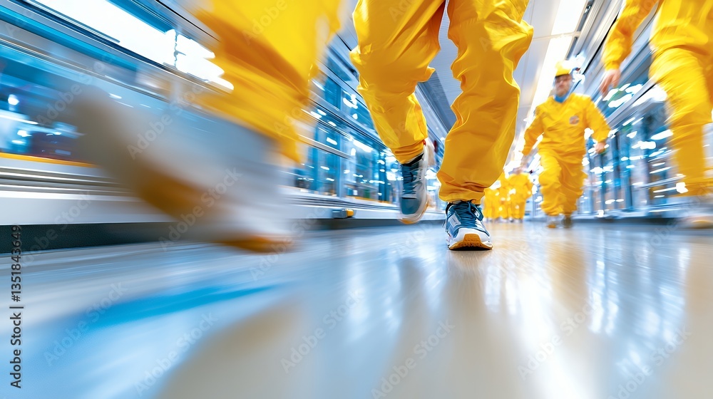 Obraz premium Workers Motion Blur in Yellow Protective Suits Pace Quickly